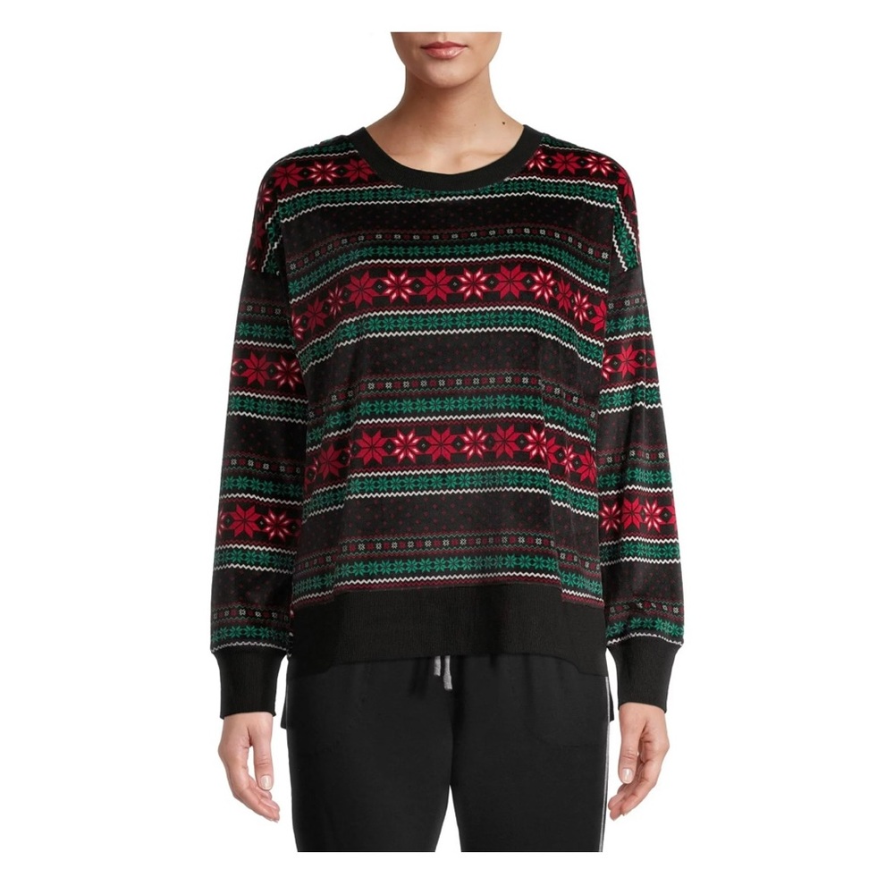 Secret Treasures Christmas Fairisle Black Soot Velour Sleep Top - Large NWT